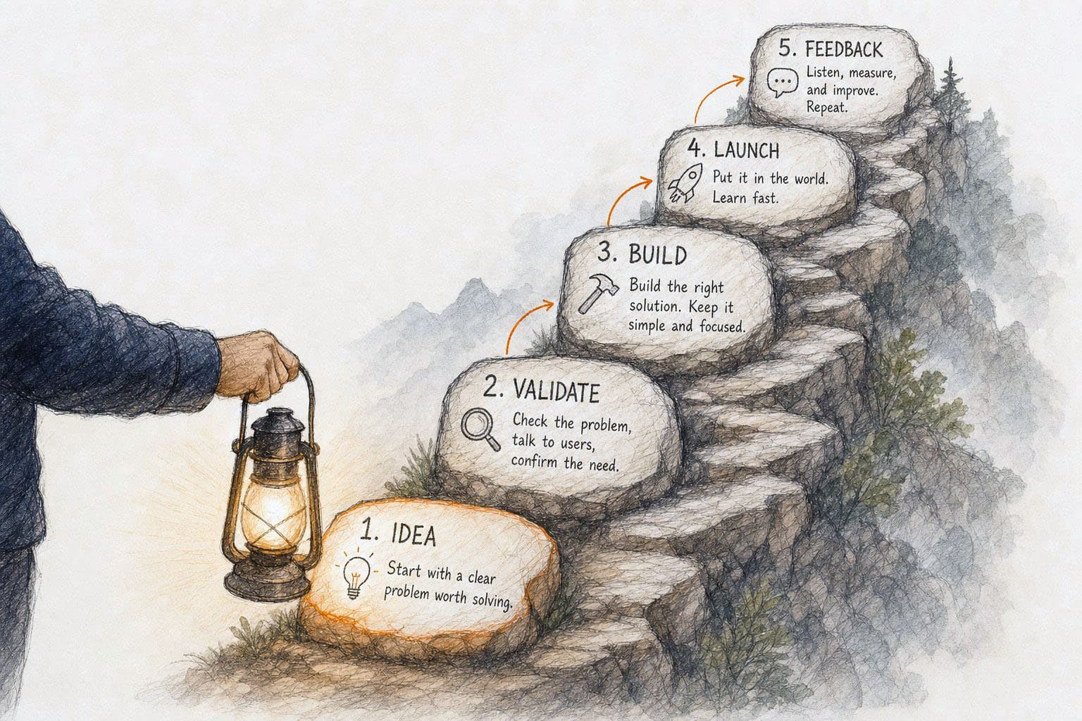 A lantern lighting the next steps of a climb